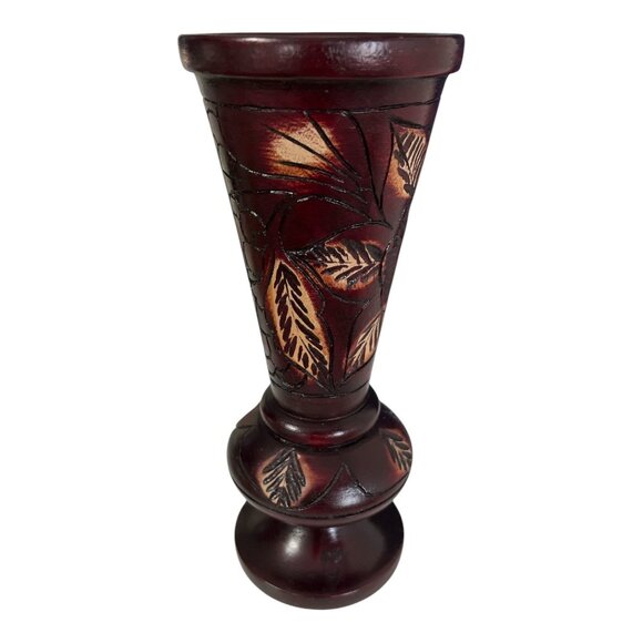 Vintage Boho Tribal Hand-Carved Wooden Vase – Dark Stained Leaf Design - Picture 1 of 4
